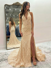 Black Mermaid Lace Halter Long Prom Dress with Slit