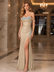 Dark Red Crystal Off-the-Shoulder Corset Prom Dress with Slit