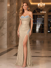 Dark Red Crystal Off-the-Shoulder Corset Prom Dress with Slit