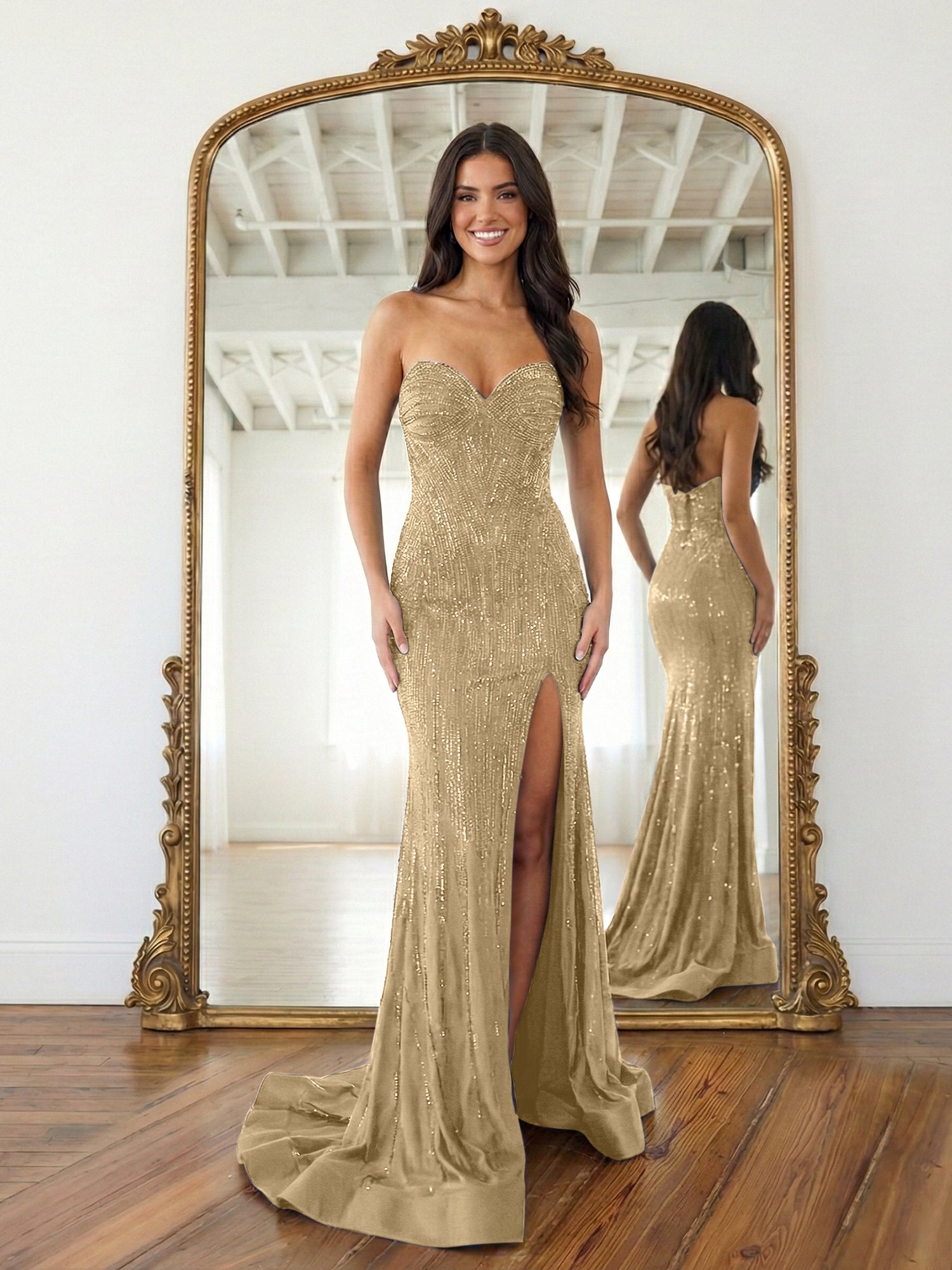 Navy Blue Strapless Sequin Prom Dress with Linear Beading