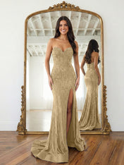 Navy Blue Strapless Sequin Prom Dress with Linear Beading