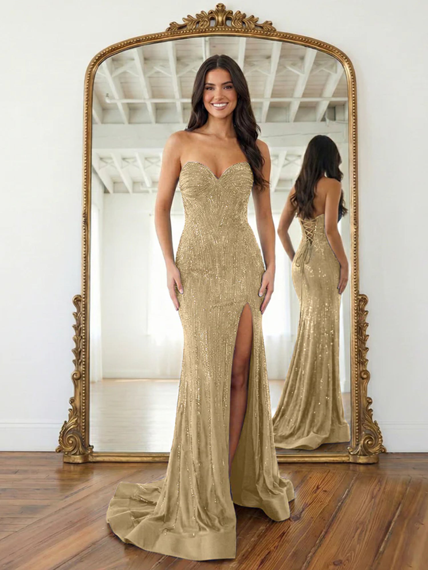 Navy Blue Strapless Sequin Prom Dress with Linear Beading