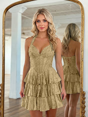 Halter Neck Pearl Beaded Tiered Short Homecoming Dresses