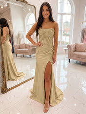Romantic Pink Satin Corset Slit Prom Dress with Beaded Bodice