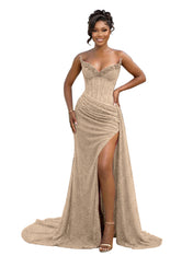Gold Strapless Beading-Embellished Corset Prom Dress with Slit