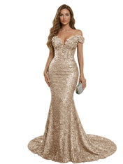 Sparkly Off The Shoulder Sequin Long Mermaid Corset Prom Dresses