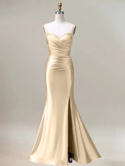 Champagne Mermaid Spaghetti Straps Pleated Long Prom Dress with Slit