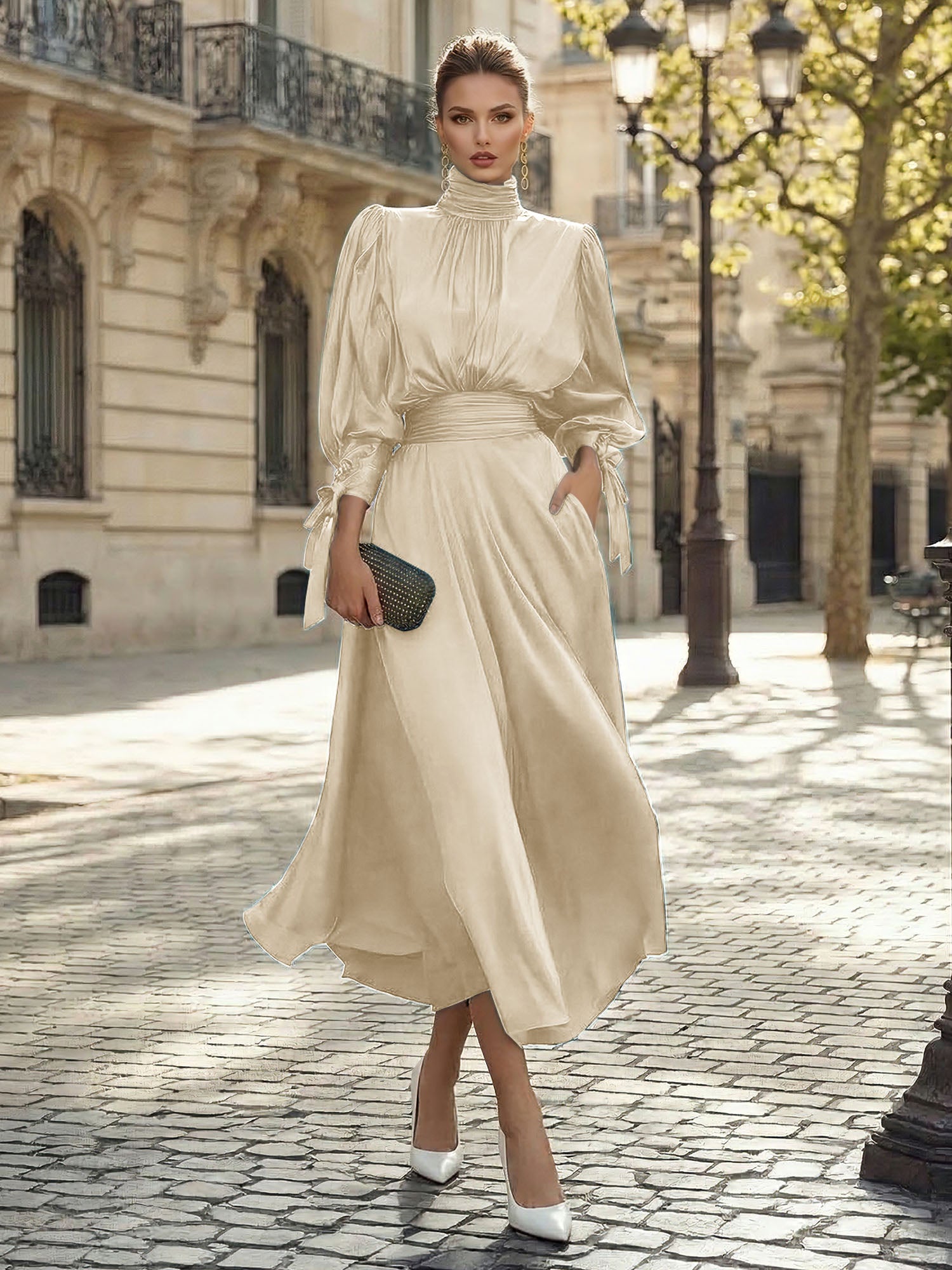 Sophisticated Emerald Green Satin High-Neck Midi Dress Gown