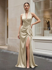 Navy Blue Halter V-Neck Satin Gown with Side Knot and High Slit Evening Dress