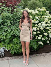 Blue V-neck Beaded Back Tie Short Homecoming Mini Dress