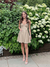 Blue A Line V-neck Beaded Back Tie Short Homecoming Mini Dress