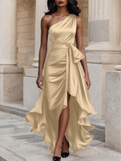 Glamorous Formal Dress Midnight Navy One Shoulder High-Low Satin Gown Midi Dress