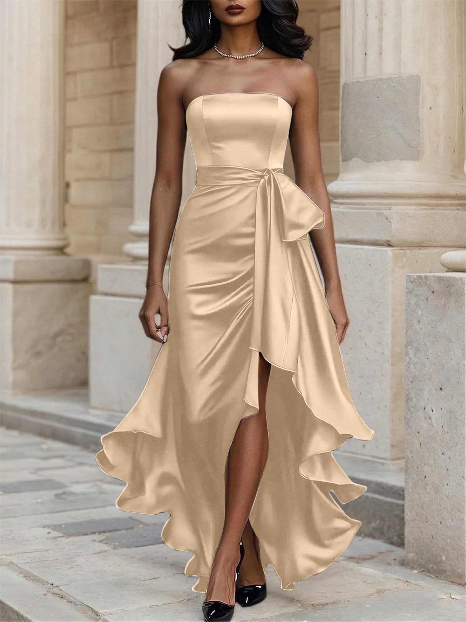 Glamorous Formal Dress Midnight Navy Strapless Satin Gown Midi Dress