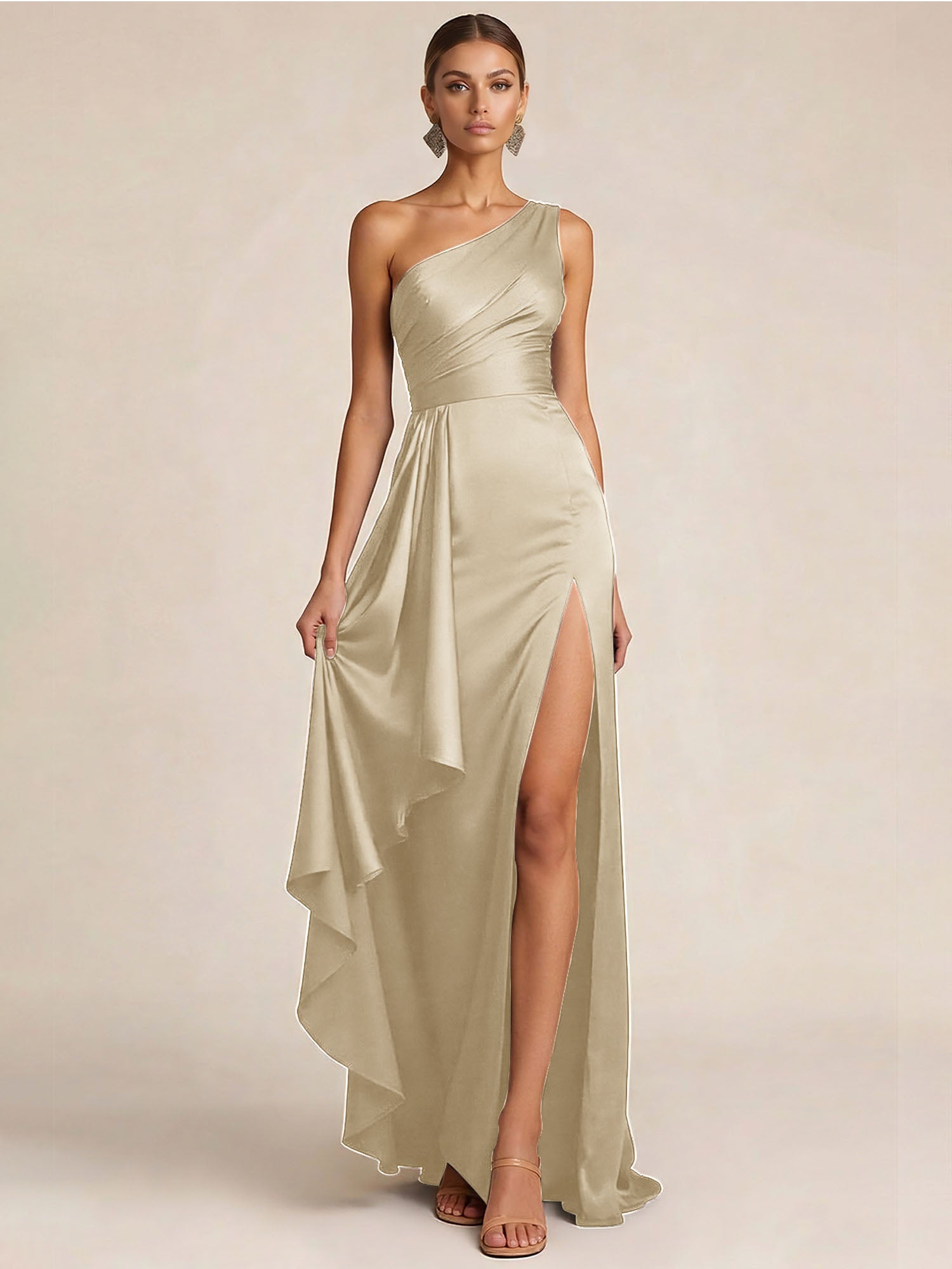 Sleek Foraml Evening Gown Midnight Navy One-Shoulder Satin Slit Maxi Dress