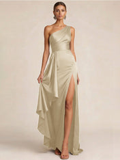Sleek Foraml Evening Gown Midnight Navy One-Shoulder Satin Slit Maxi Dress