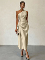 Champagne Ruched Satin One Shoulder Sleeveless Sheath Midi Dress