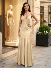 Green Appliques Soft Satin Long Prom Party Dress
