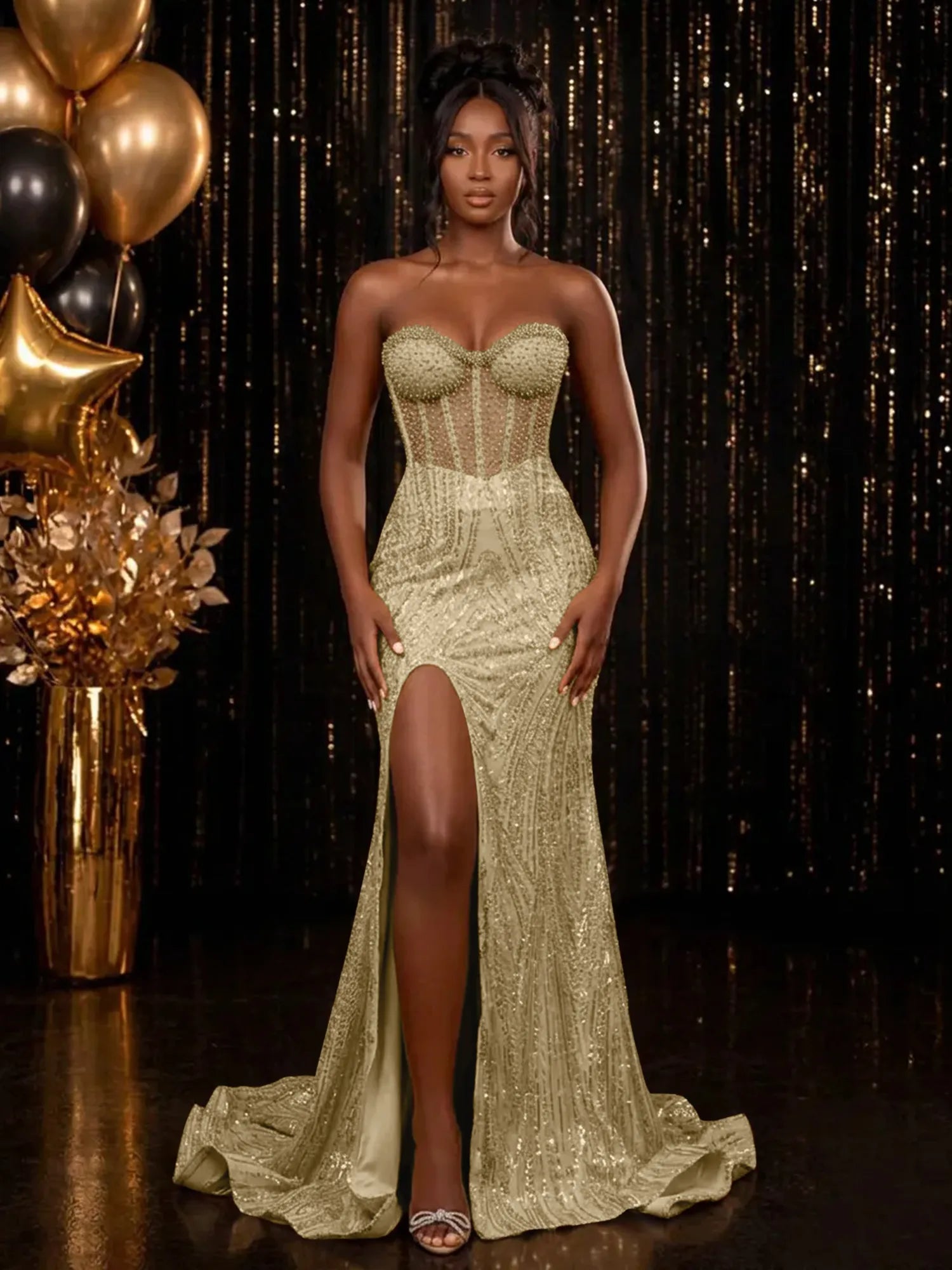 Strapless Sequin-Embellished Mermaid Prom Dress