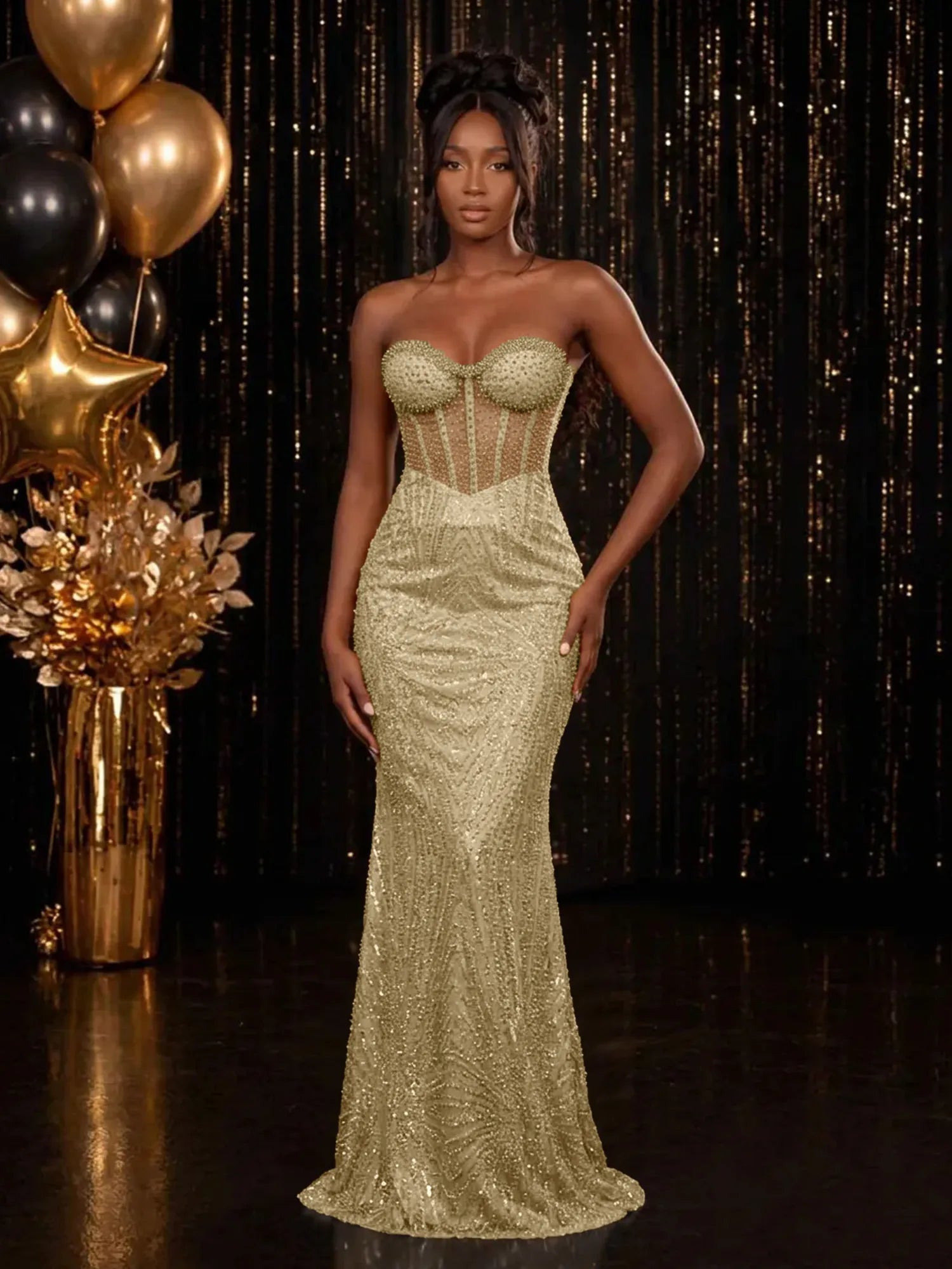 Strapless Sequin-Accented Mermaid Prom Dress with High Slit