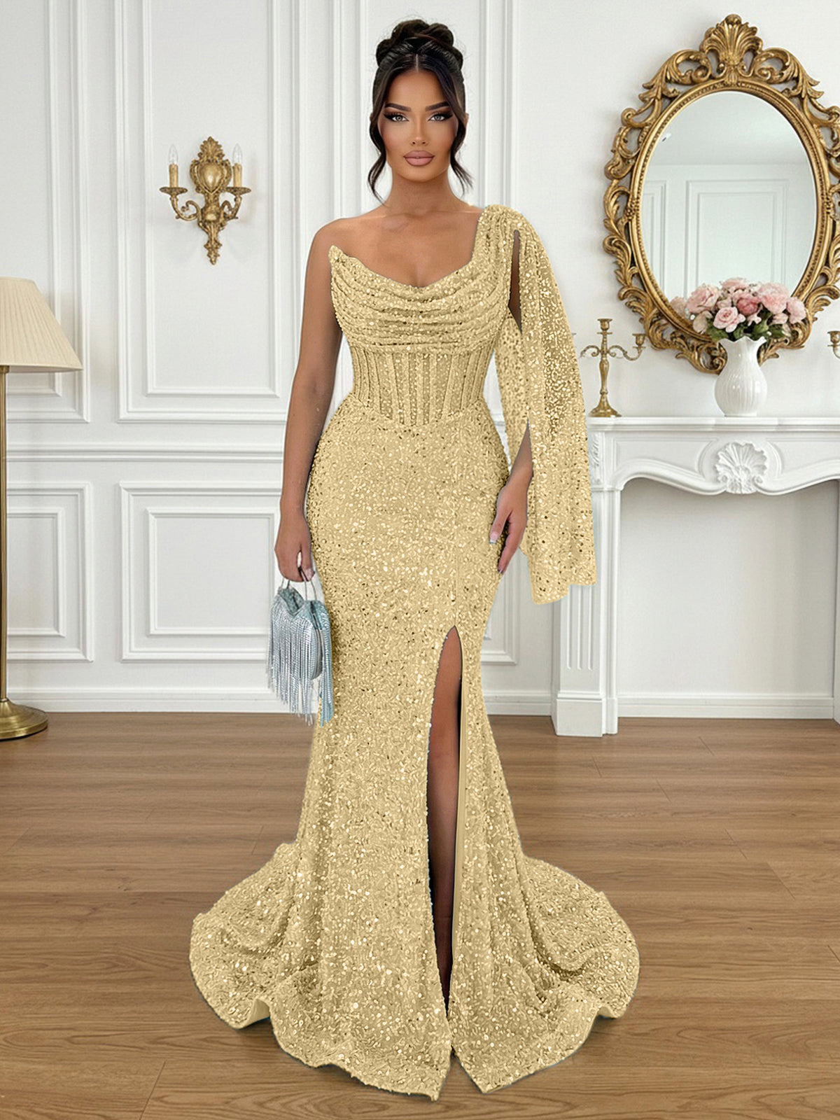 Glamorous Ice Blue One-Shoulder Sequin Corset Mermaid Prom Dresses with Slit