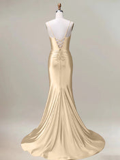 Champagne Mermaid Spaghetti Straps Pleated Long Prom Dress with Slit