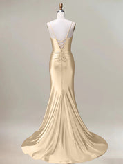Champagne Mermaid Spaghetti Straps Pleated Long Prom Dress with Slit