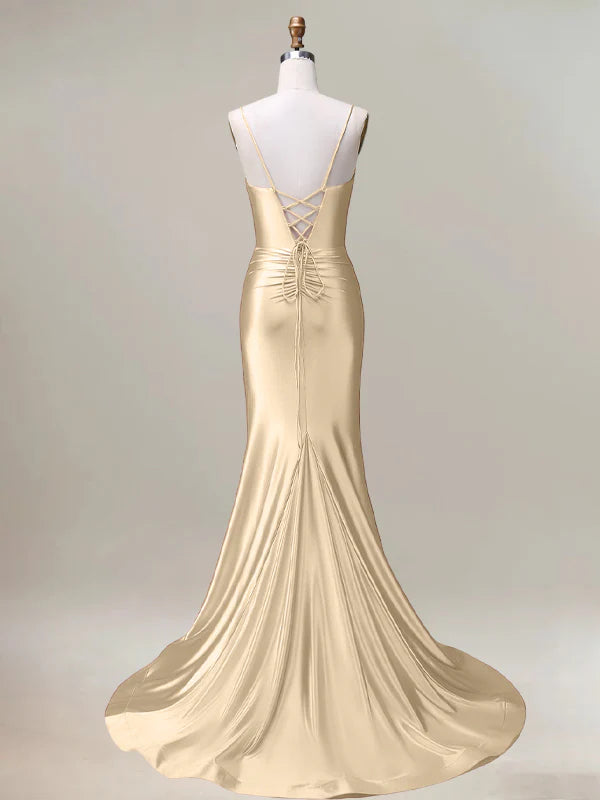 Champagne Mermaid Spaghetti Straps Pleated Long Prom Dress with Slit