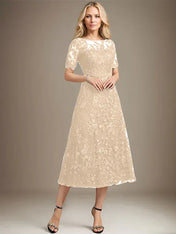 A-line Scoop Illusion Tea-Length Lace Mother of the Bride Dress With Sequins