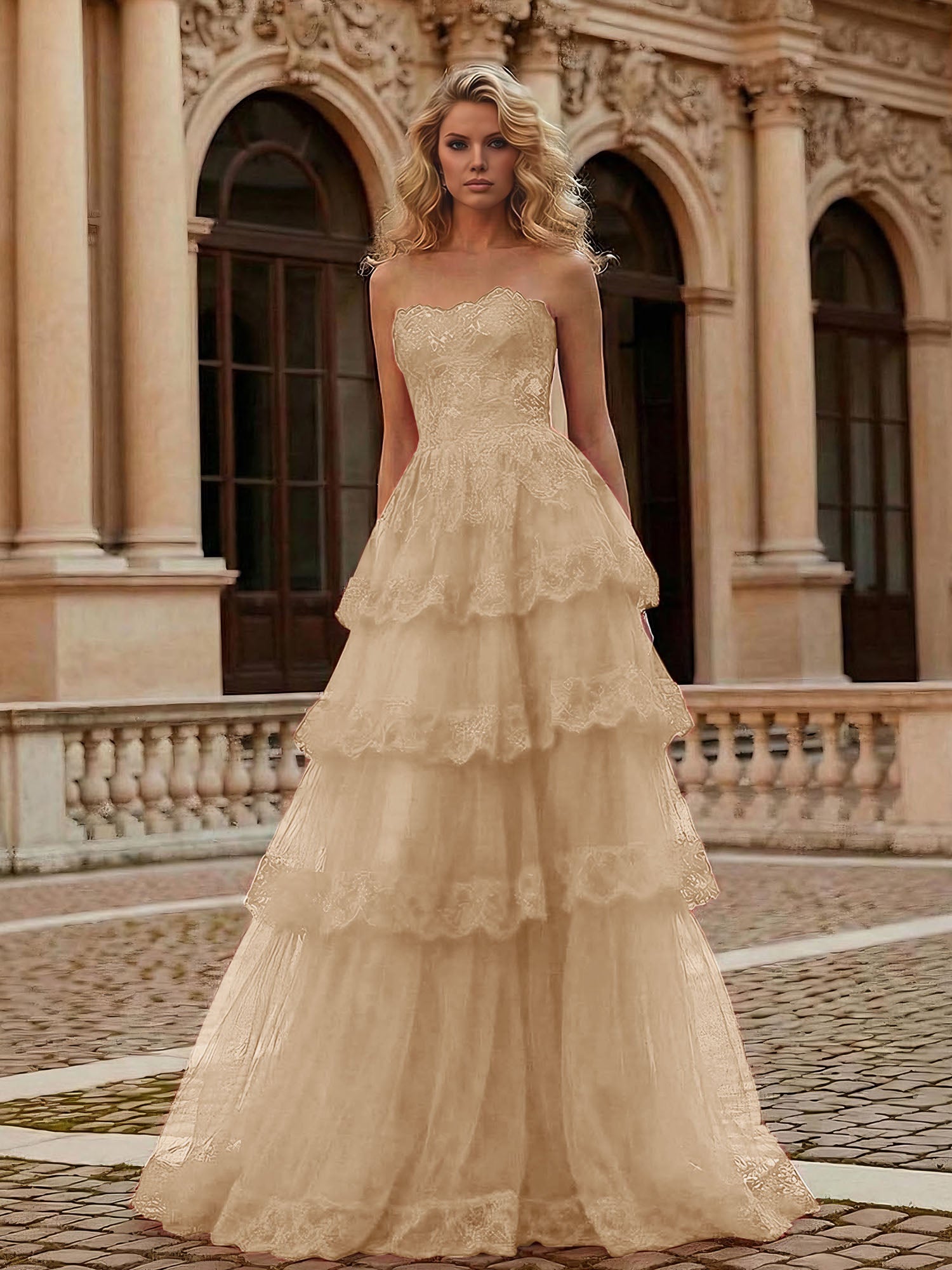 Red Tiered Tulle Strapless Lace Bodice A-Line Long Prom Dress