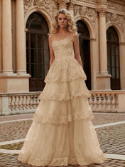 Red Tiered Tulle Strapless Lace Bodice A-Line Long Prom Dress