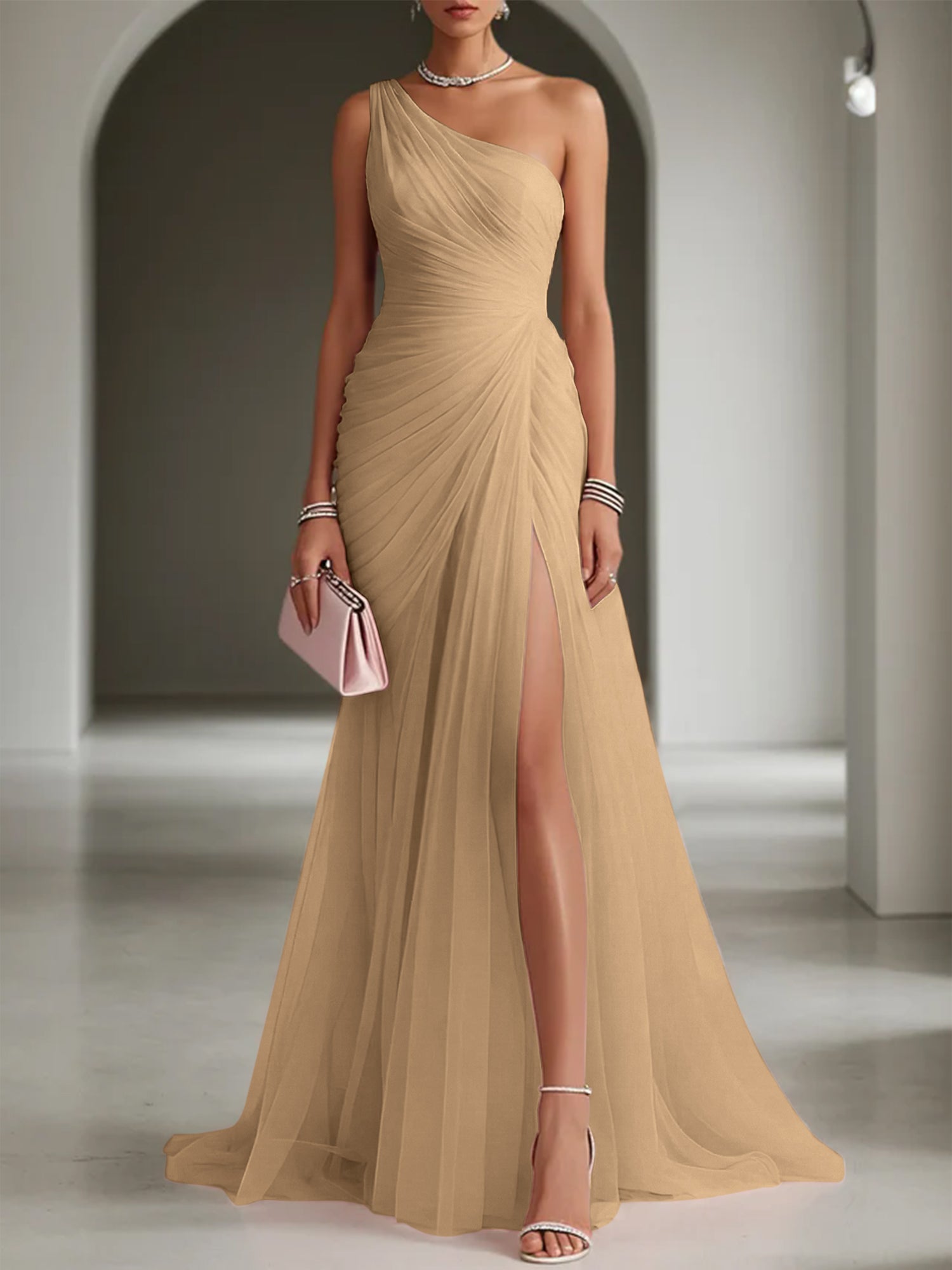 Pink Ruched Slit Tulle Strapless One Shoulder Sheath Gown Dress