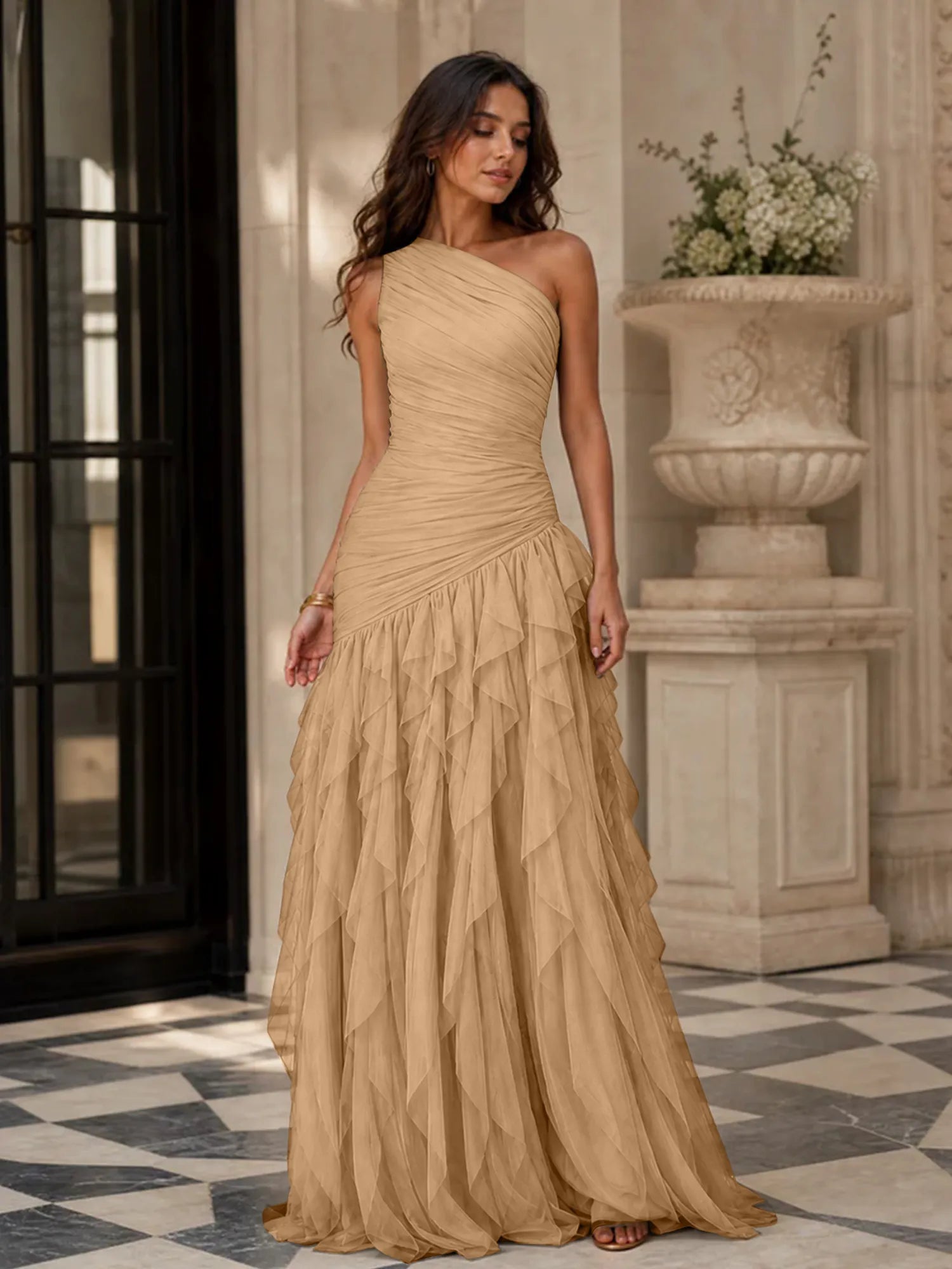 Emerald Green One-Shoulder Ruched Asymmetric Ruffle Chiffon Floor-Length Gown Dress
