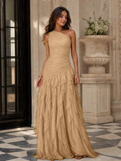 Emerald Green One-Shoulder Ruched Asymmetric Ruffle Chiffon Floor-Length Gown Dress