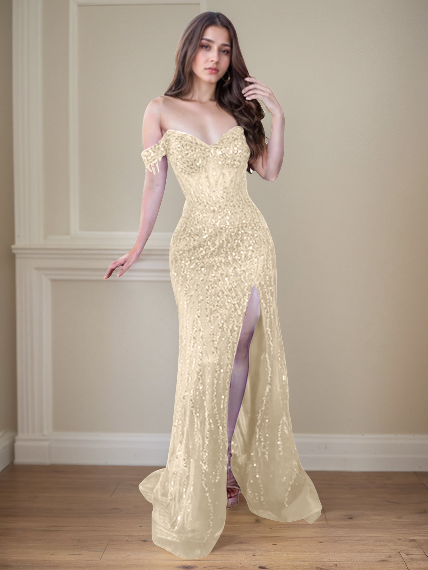 Red Off-the-Shoulder Beaded Tulle Long Prom Dress with Swirling Sequins