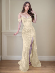 Red Off-the-Shoulder Beaded Tulle Long Prom Dress with Swirling Sequins
