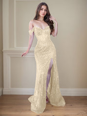 Red Off-the-Shoulder Beaded Tulle Long Prom Dress with Swirling Sequins