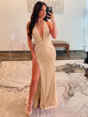 Hot Pink Starburst Beaded Halter Long Prom Dress with Slit