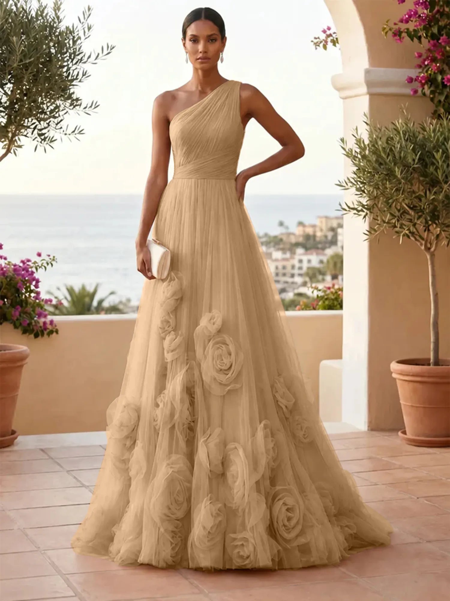 One-Shoulder Sweetheart Tulle Ball Gown with 3D Floral Accents Evening Dresses