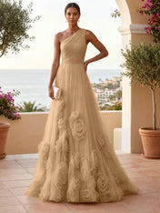 One-Shoulder Sweetheart Tulle Ball Gown with 3D Floral Accents Evening Dresses
