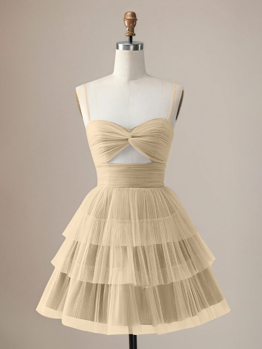 A Line Spaghetti Straps Short Tiered Homecoming Dress with Hollow Out