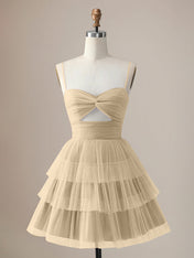 A Line Spaghetti Straps Short Tiered Homecoming Dress with Hollow Out