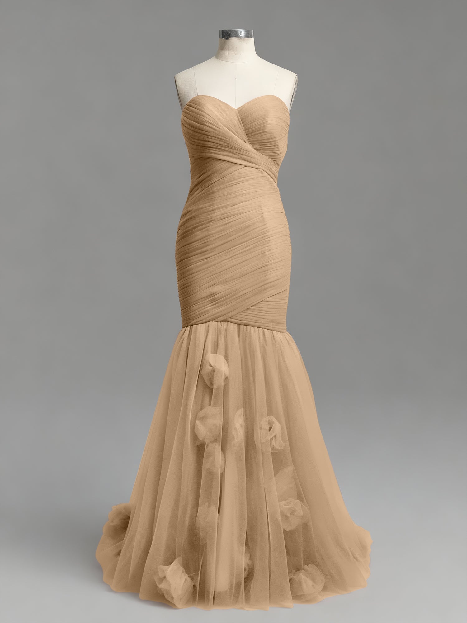 Dusty Rose Mermaid Strapless Ruched Tulle Prom Dress with 3D Floral