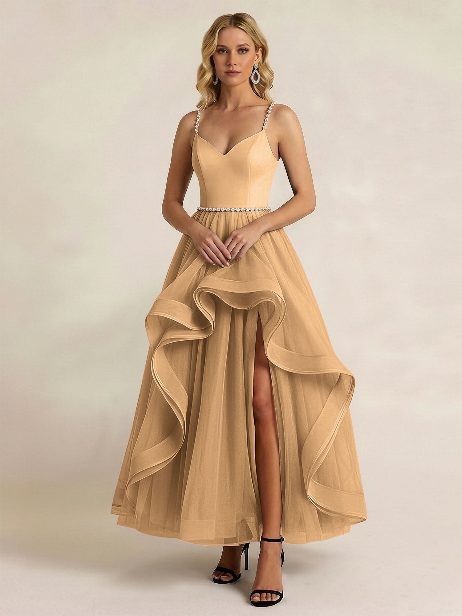 Black Tulle Ruffled A Line Long Formal Dress with Slit