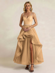 Black Tulle Ruffled A Line Long Formal Dress with Slit