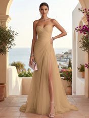 Strapless Sweetheart High Slit Tulle Pleat Prom Dress Evening Dresses