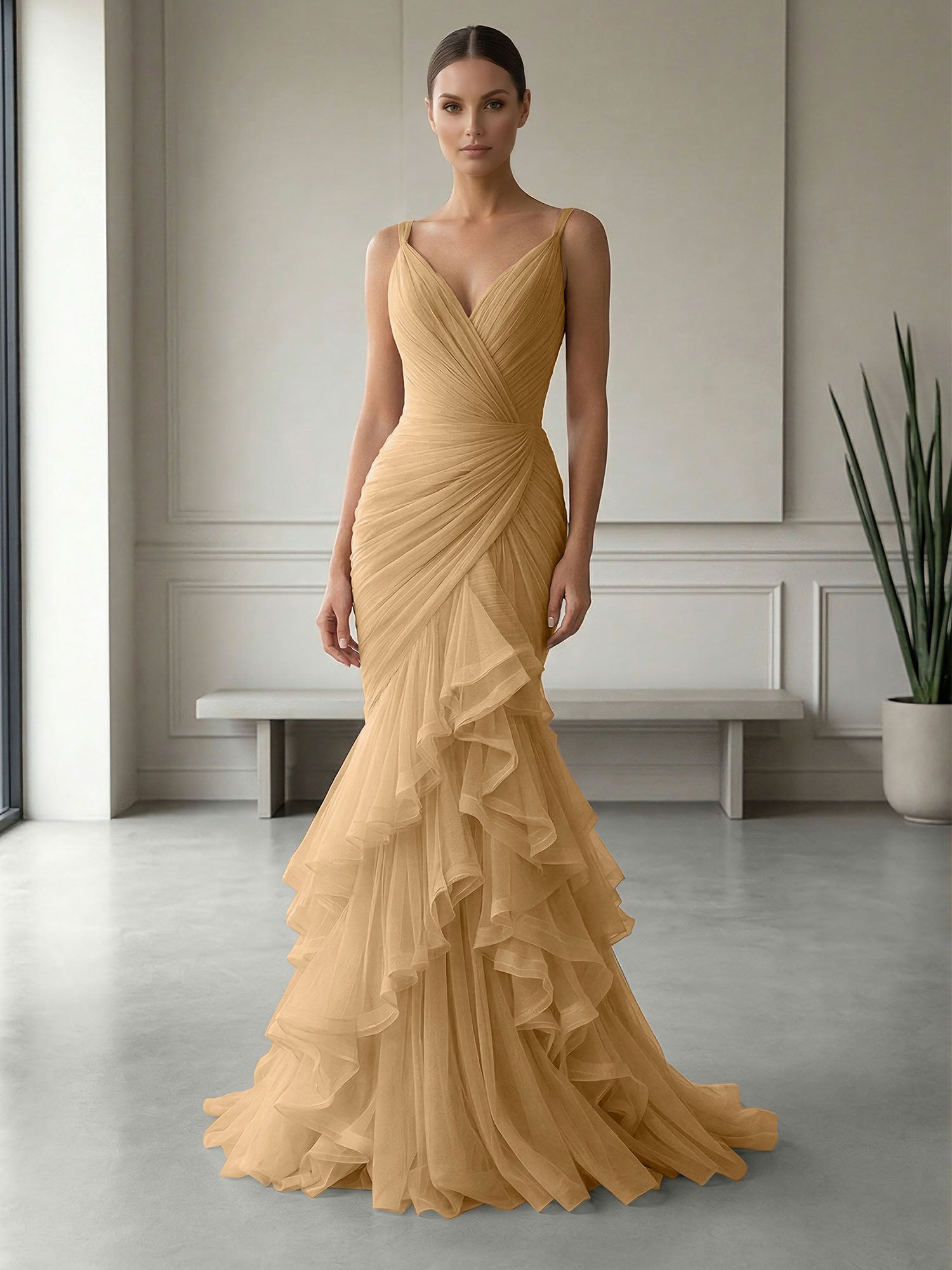 Mauve Folds Tulle Strapless Sleeveless Mermaid Gown Dress