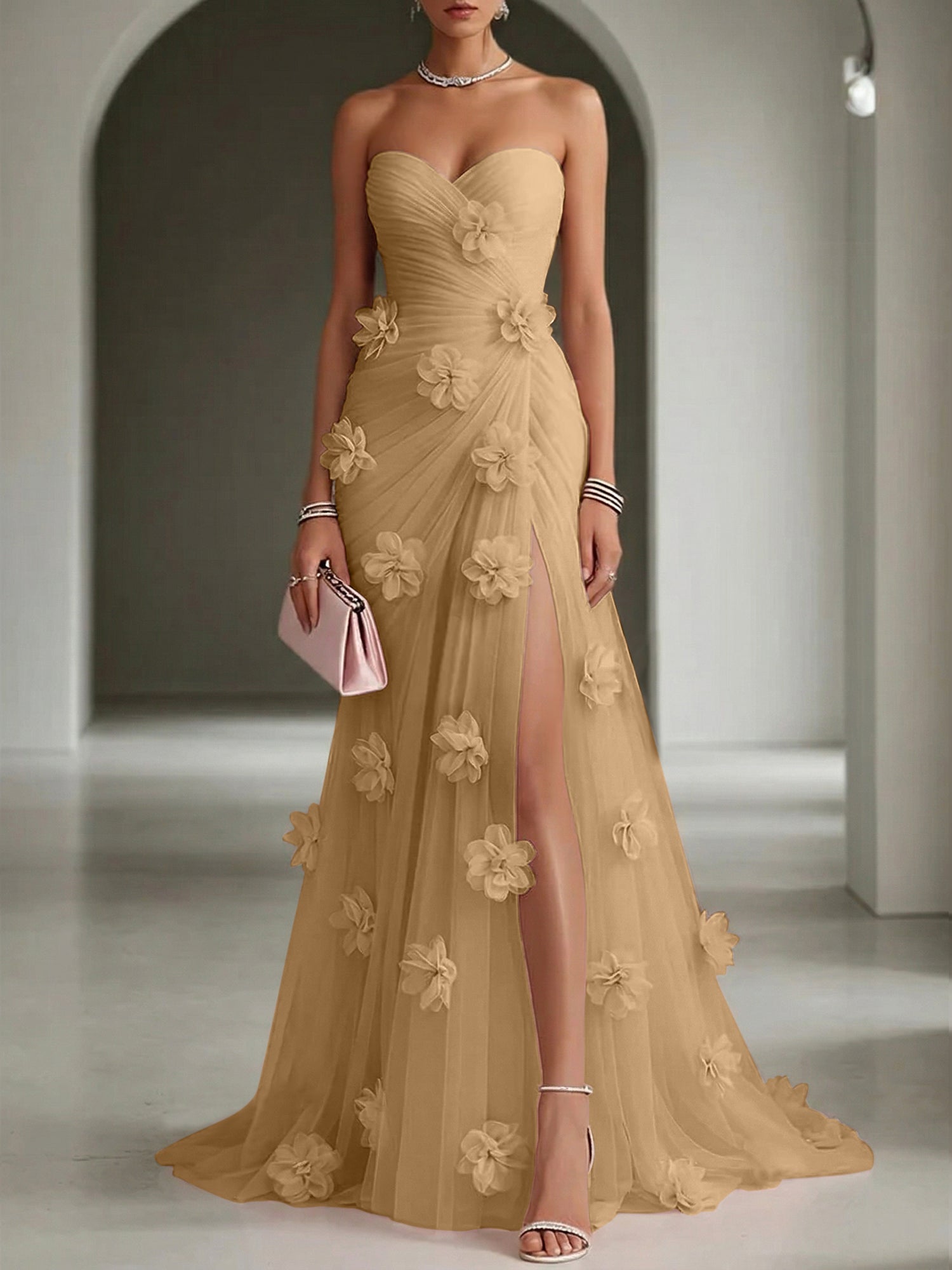 Ethereal Blush Slit 3D Floral Strapless Tulle Gown Dress