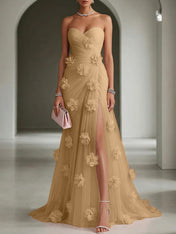 Ethereal Blush Slit 3D Floral Strapless Tulle Gown Dress