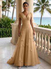 Light Blue Short-Sleeve Tulle Gown Evening Dress with 3D Flower V Neck Pleat Maxi Dress