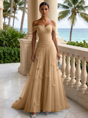 Light Blue Evening Dress with 3D Flower Off The Shoulder Pleat Maxi Dress